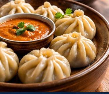 A plate of steamed momo with tomato achar and cilantro, with tandoori chicken and curries behind.