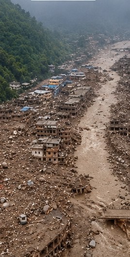 The same valley after the flash flood: the river swollen with mud, houses and the bridge buried in debris.