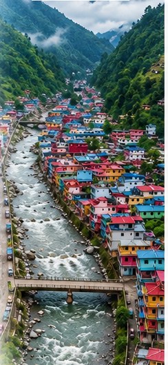 A hillside town in Nepal before the floods: bright houses along a river valley, a footbridge crossing the water.
