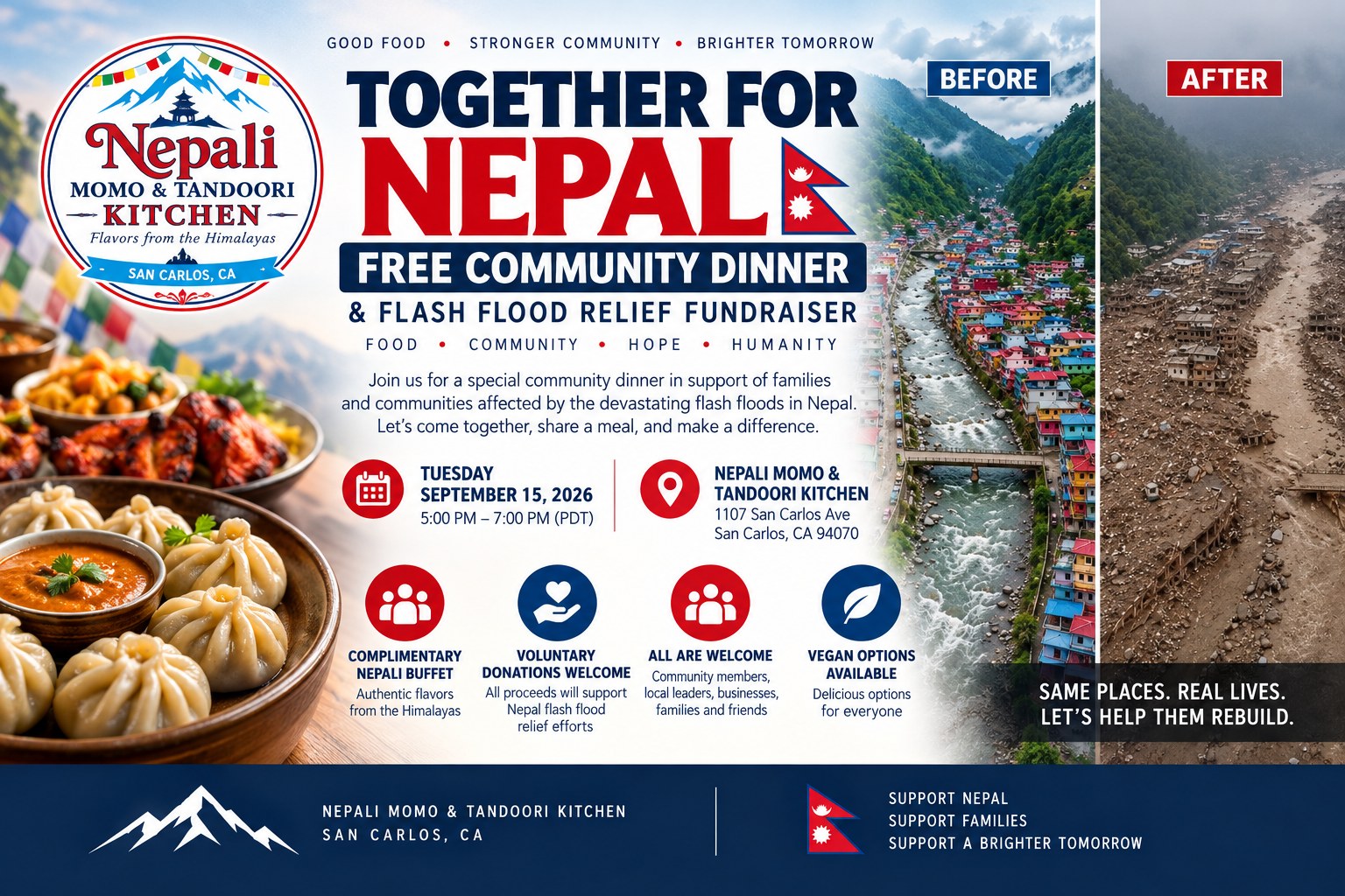 Official flyer: Together for Nepal: Charity Dinner & Relief Fundraiser. Tuesday, September 15, 2026, 5:00 – 7:00 PM PDT, at Nepali Momo & Tandoori Kitchen, 1107 San Carlos Avenue, San Carlos, CA 94070. Complimentary Nepali buffet, voluntary donations welcome, all are welcome, vegan options available.